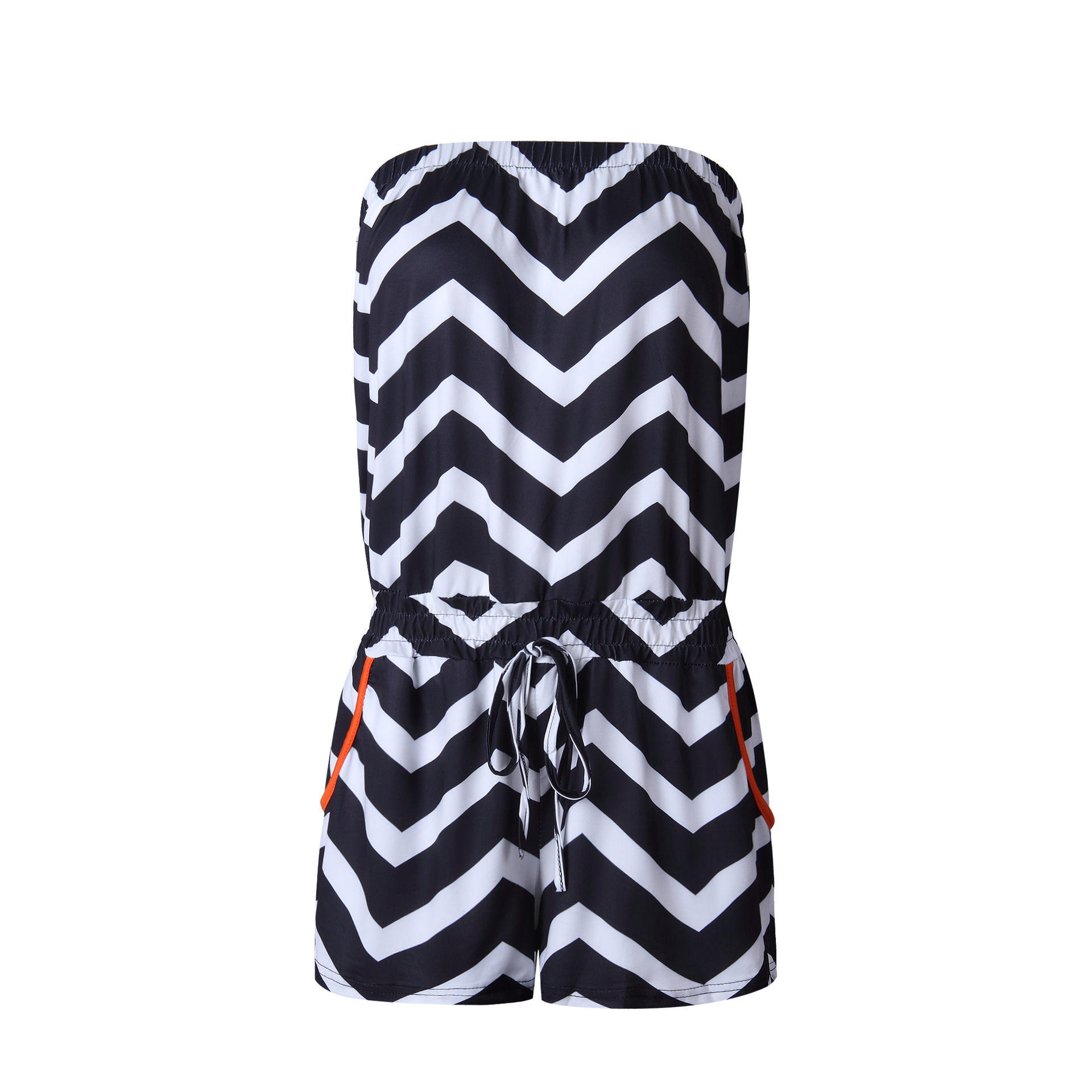 SZ60133-1 Strapless Pocket Zigzag Striped Romper